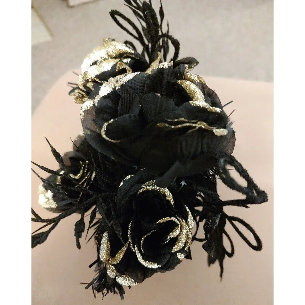 Artificial Flower Bouquet Arrangement Corrugated Tin Vase Black Gold Gray Rose